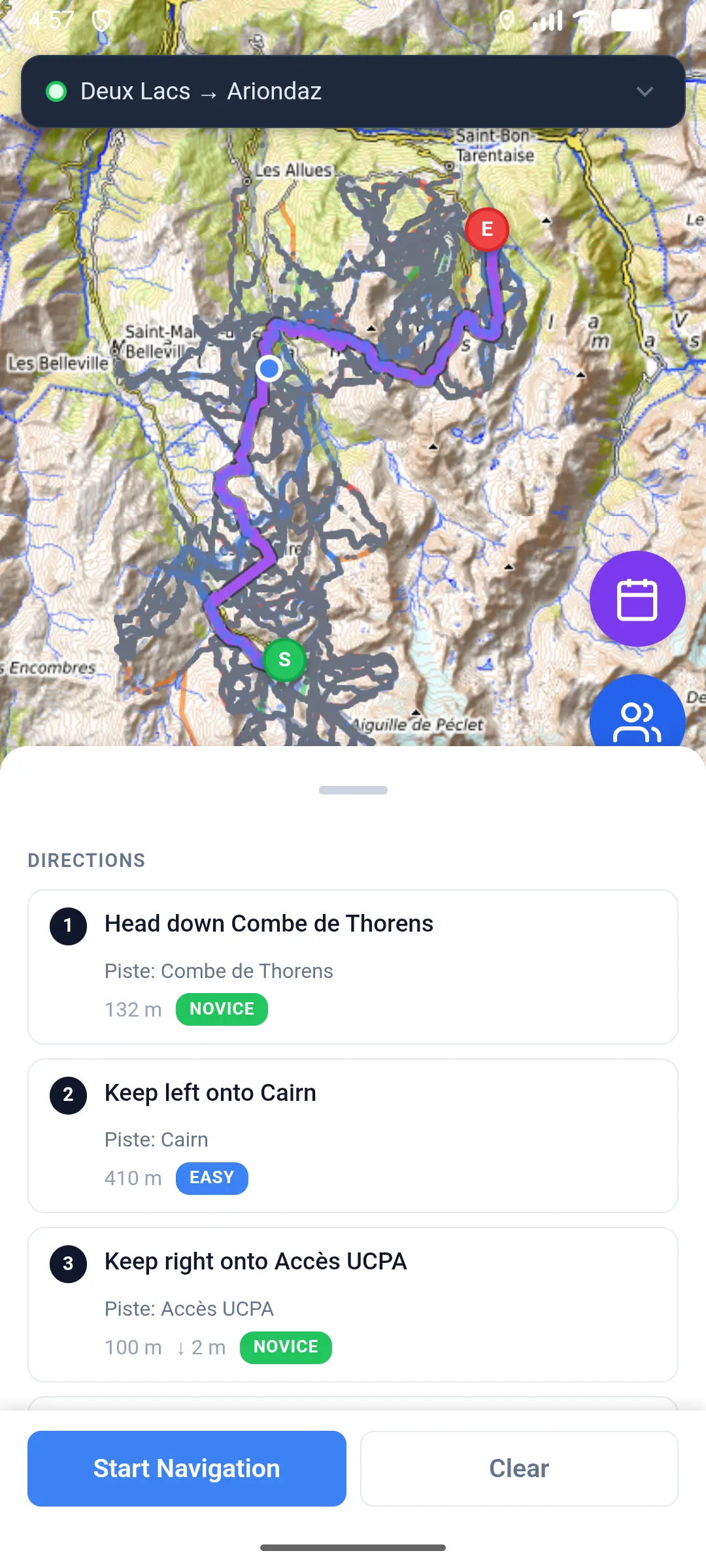 Glidr turn-by-turn directions with piste names and difficulty