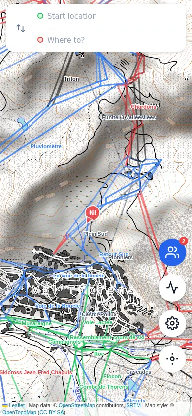 Glidr map showing friend markers on pistes