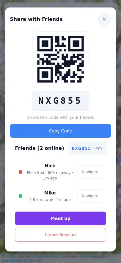 Glidr friends session with QR code and friend list