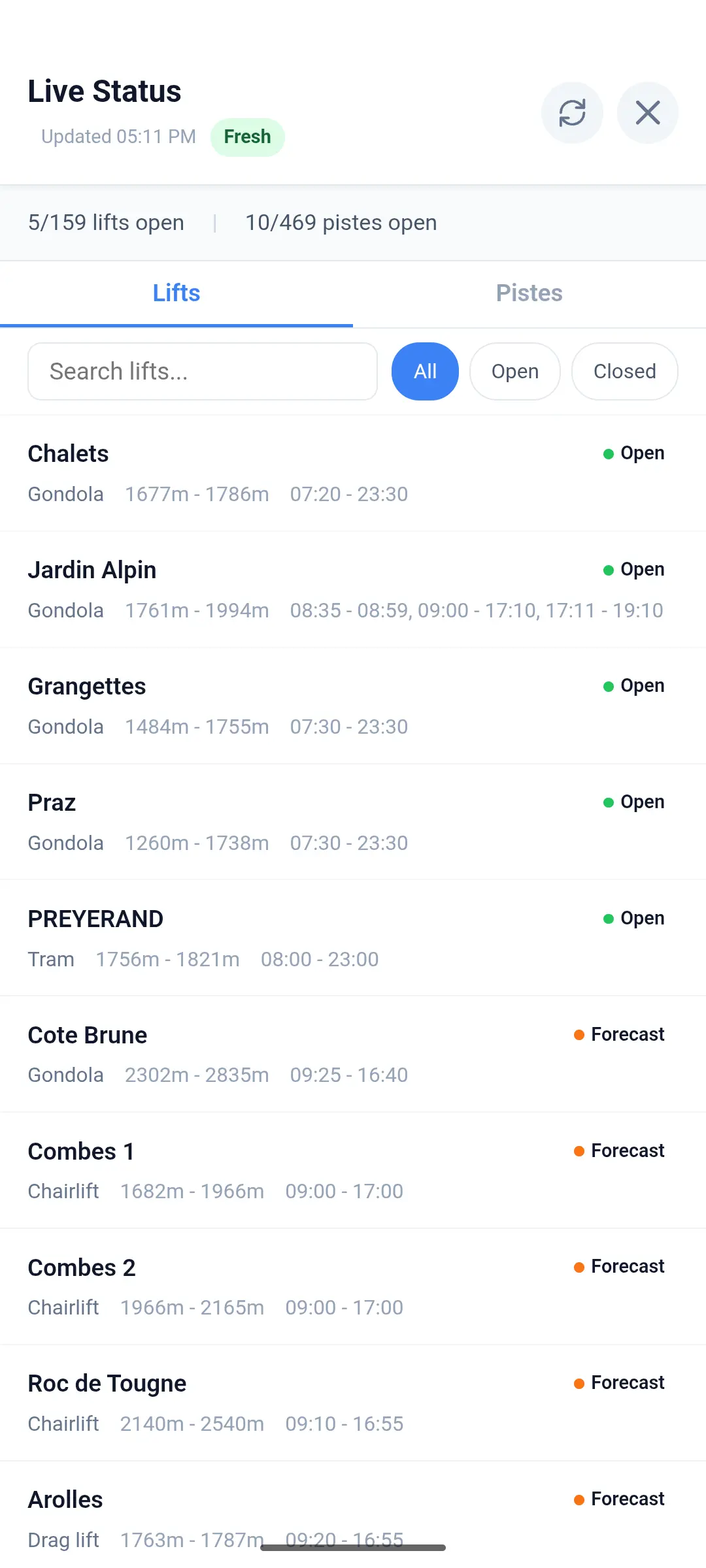 Glidr live status showing open and closed lifts