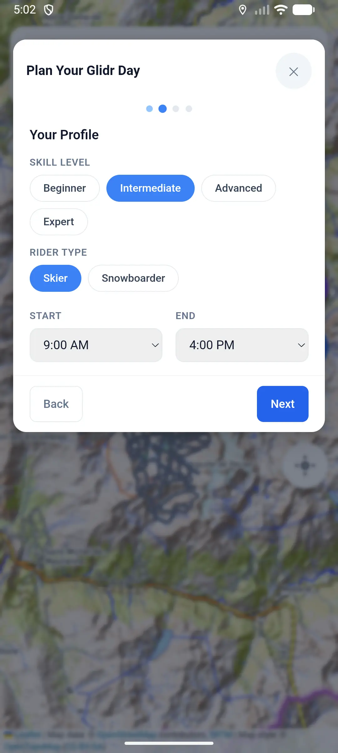 Glidr day planner profile with skill level and rider type