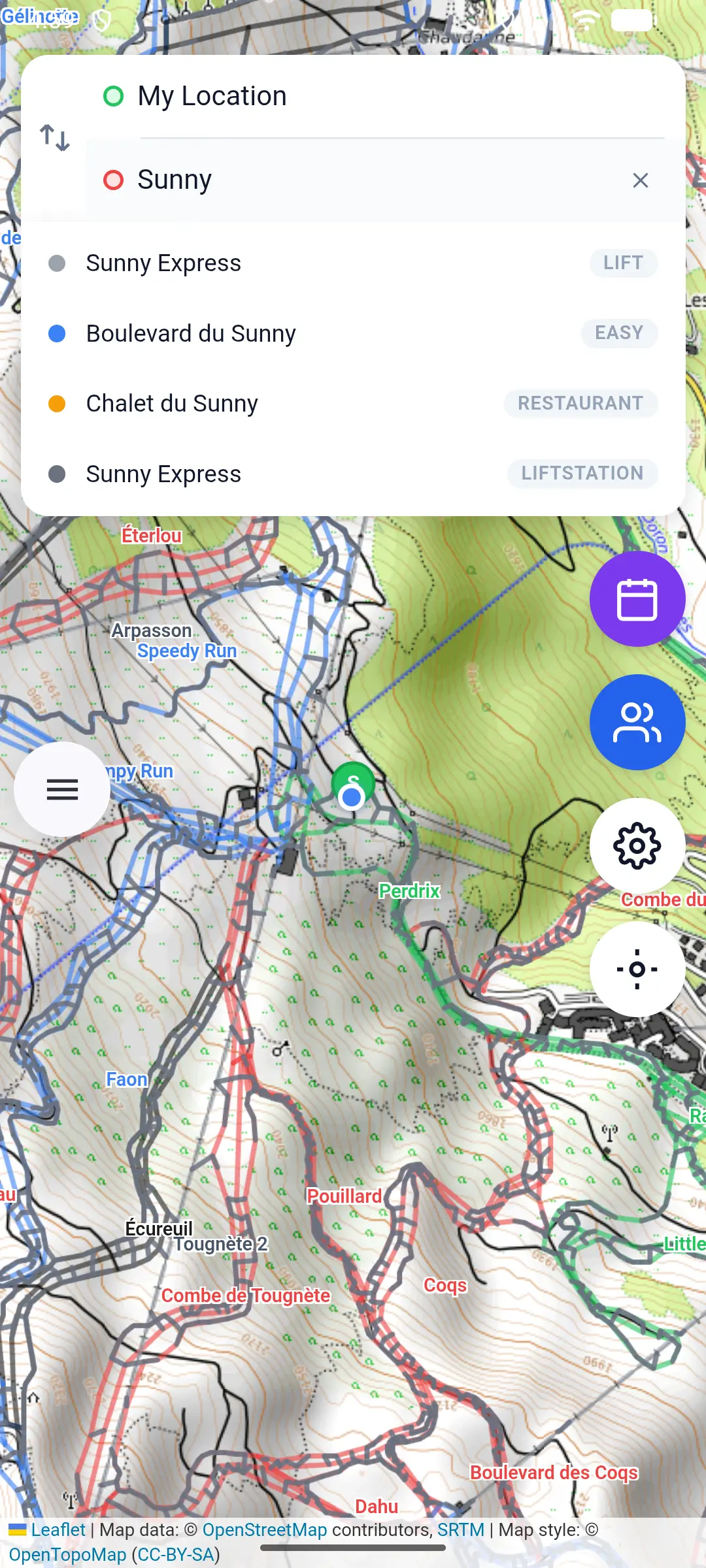 Glidr search showing pistes, lifts, restaurants and lift stations